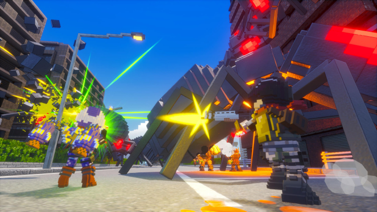 Blocky soldiers fire their weapons at giant ants. Tall buildings flank the street, and a blue sky is overhead.