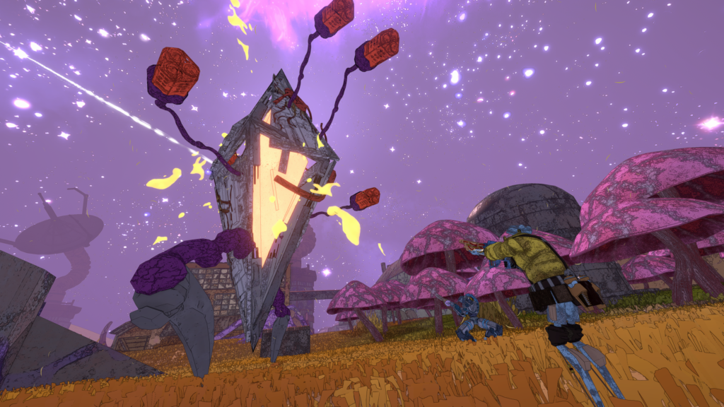 Two robots wearing clothes aim guns at a large, diamond-shaped bipedal entity with a glowing molten core and four thin appendages ending in large orange growths. The ground is covered in yellow grass, with a forest of pink-leaved leaves to the right and tall structures with dishes on top standing in the background against a purple, star-speckled sky. 