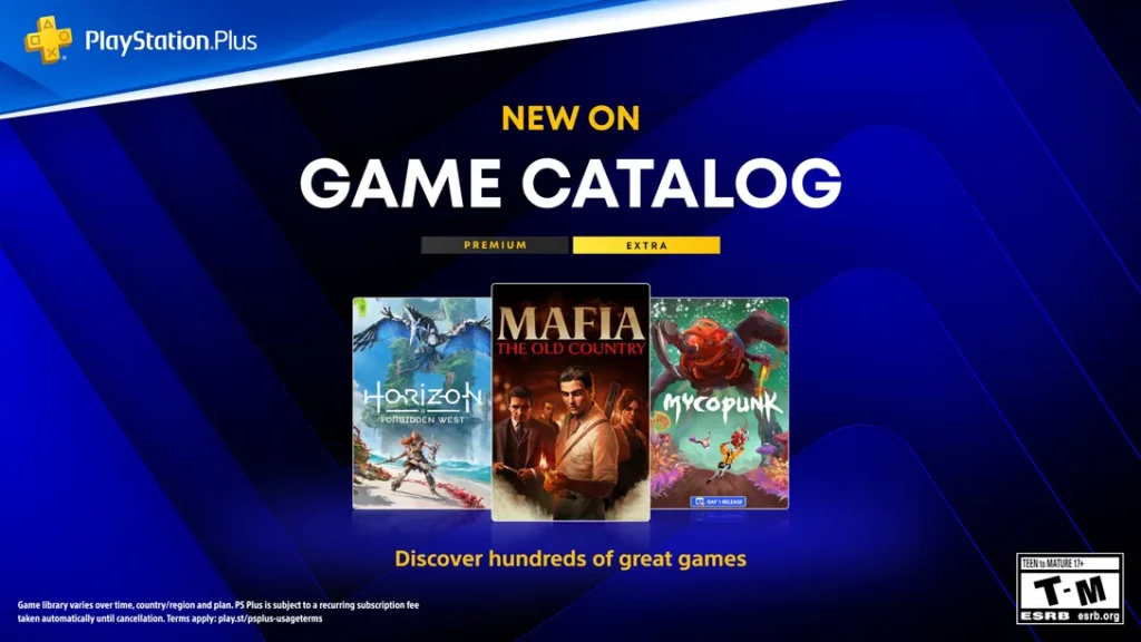 The graphic for the October 2026 games being added to PS Plus Extra and Premium, highlighting Mafia: The Old Country, Horizon: Forbidden West, and Mycopunk.