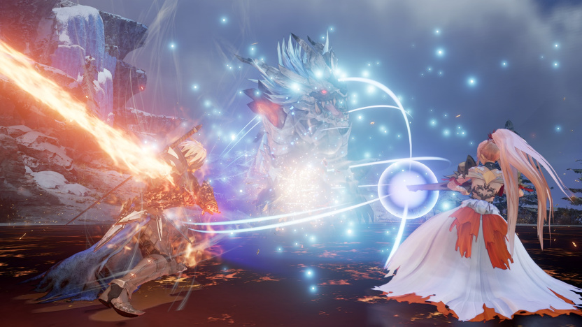 A serpent-like creature surrounds itself with bright energy at the centre, while a man dressed in armor with white hair and a fiery sword attacks from the left, and a woman in a white dress with pink hair and a gun attacks from the right.